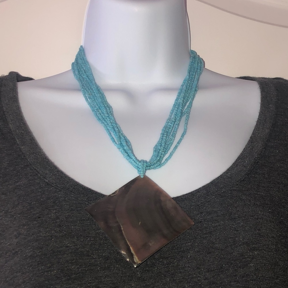 Aqua necklace w 11” drop, worn 2x